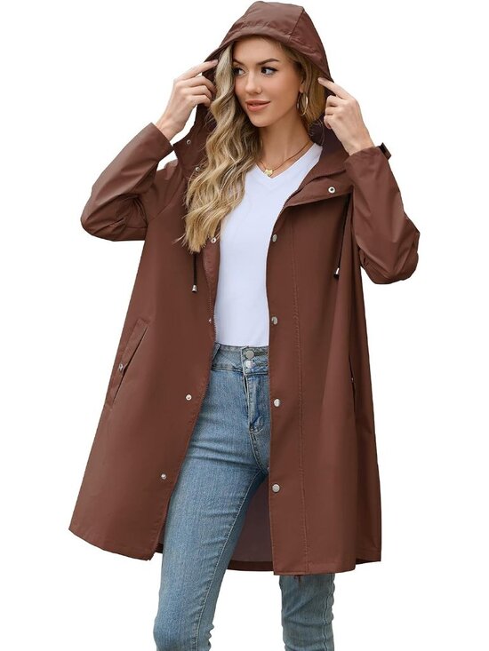 Jackets & Blazers - Women's Brown 100% Polyester Hooded Long Windbreaker Hiking Packable Rain Jacket